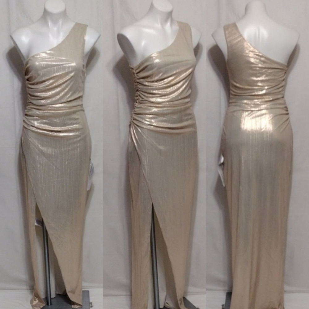 NWT BCBGMAXAZRIA Leoni One Shoulder Ruched Side Slit Metallic Evening Gown M